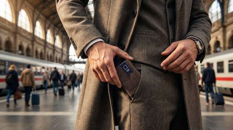 Smarte Geldbörse neben klassischer Brieftasche, Hosentaschen-Vergleich.