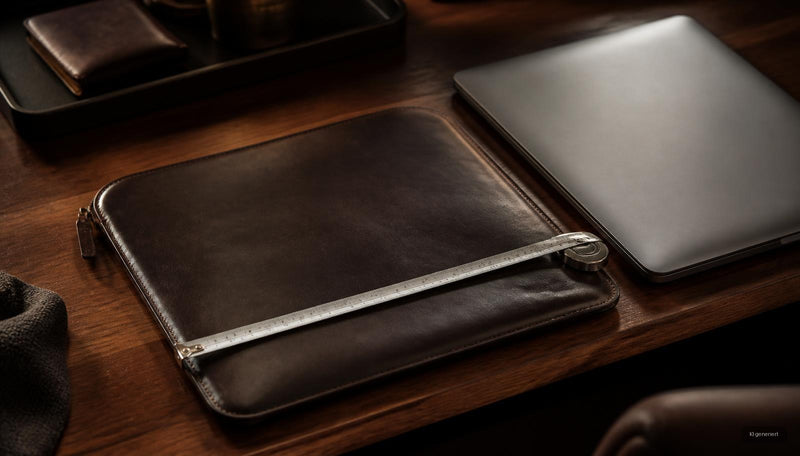 Ledernes Laptop Sleeve mit Maßband neben einem geschlossenen 14-Zoll-Laptop auf einem Holzschreibtisch – Größenvergleich Zollangabe und echte Maße (KI generiert)